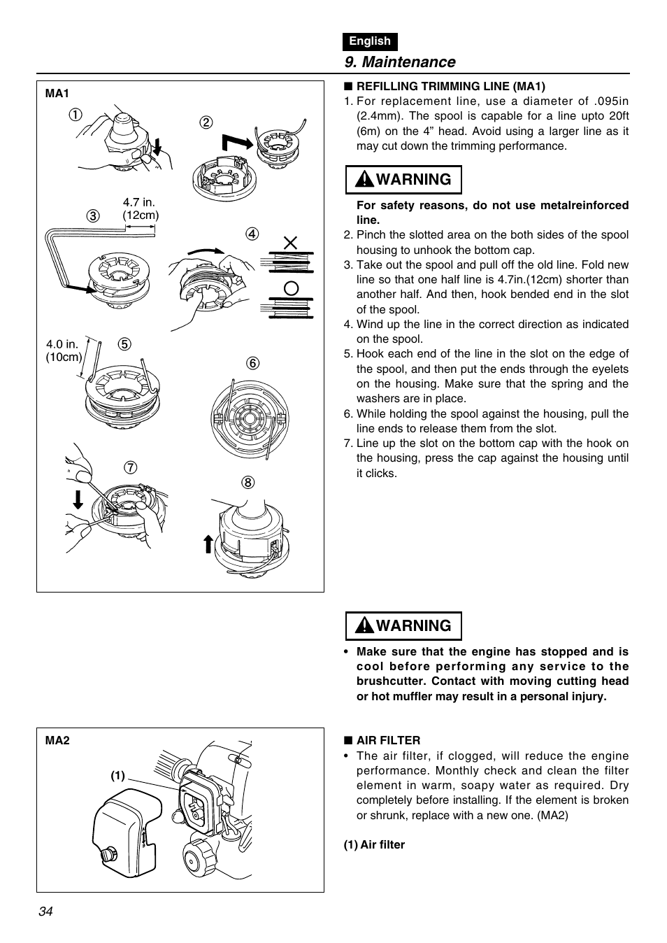 Maintenance, Warning | Zenoah BC250 User Manual | Page 34 / 52