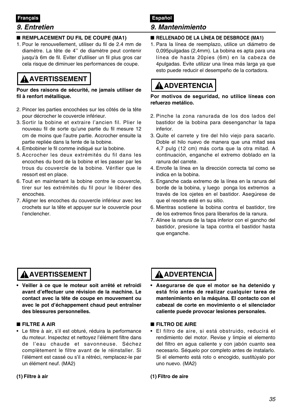 Entretien 9. mantenimiento, Avertissement, Advertencia | Zenoah BC250 User Manual | Page 35 / 52