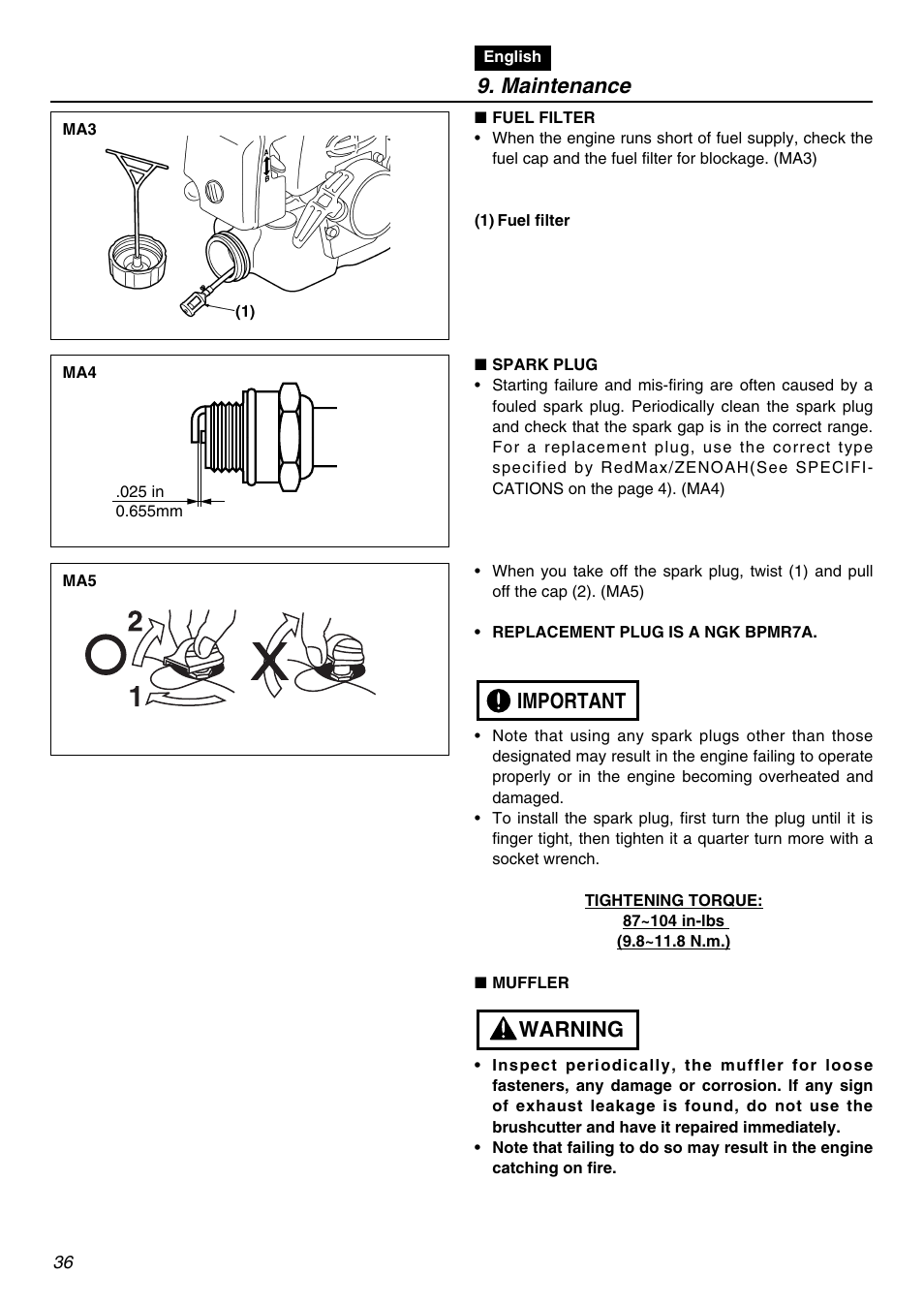 Maintenance, Warning important | Zenoah BC250 User Manual | Page 36 / 52