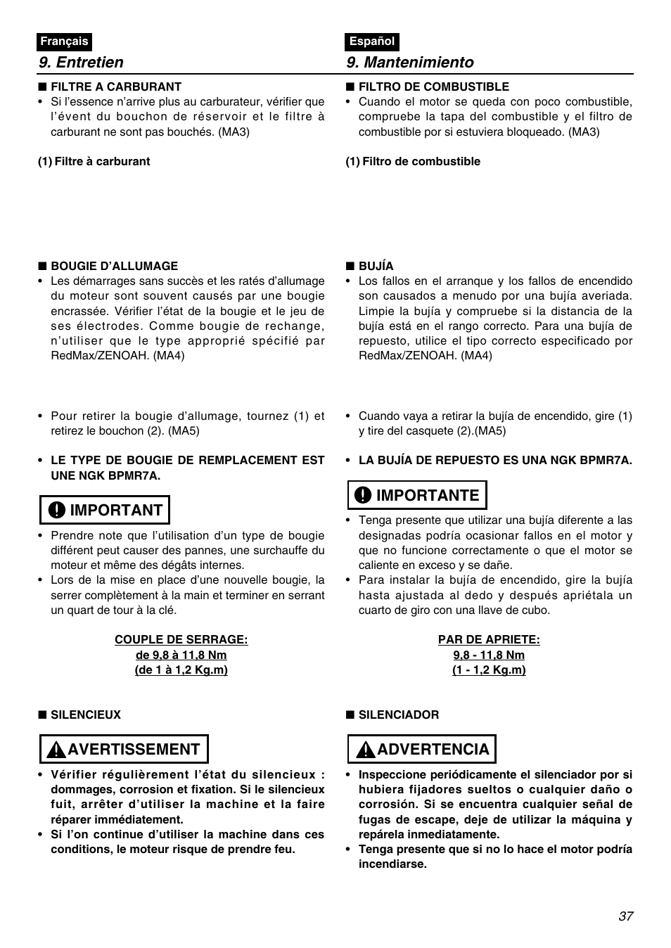 Entretien 9. mantenimiento, Avertissement important, Advertencia importante | Zenoah BC250 User Manual | Page 37 / 52