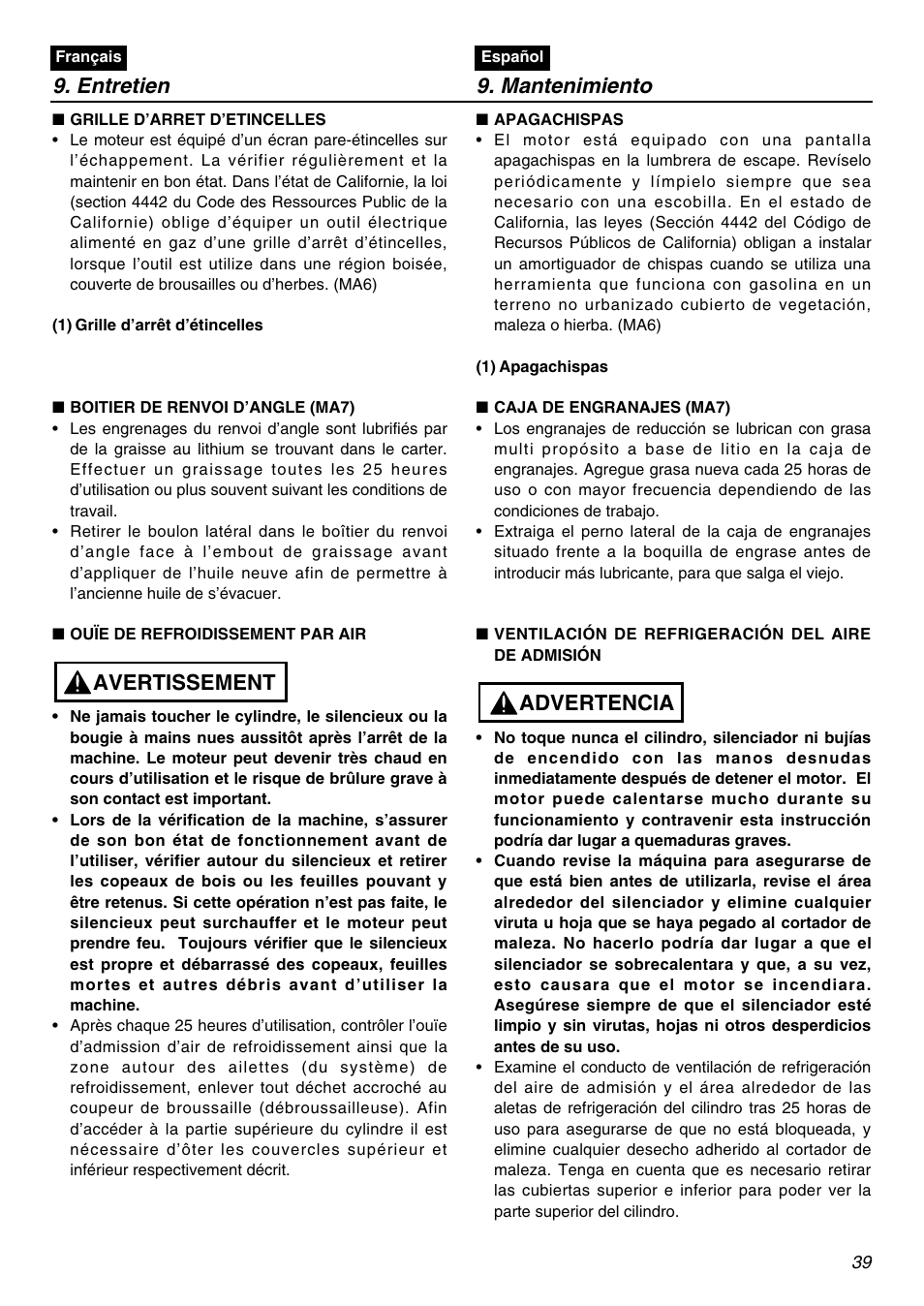 Entretien 9. mantenimiento, Avertissement, Advertencia | Zenoah BC250 User Manual | Page 39 / 52