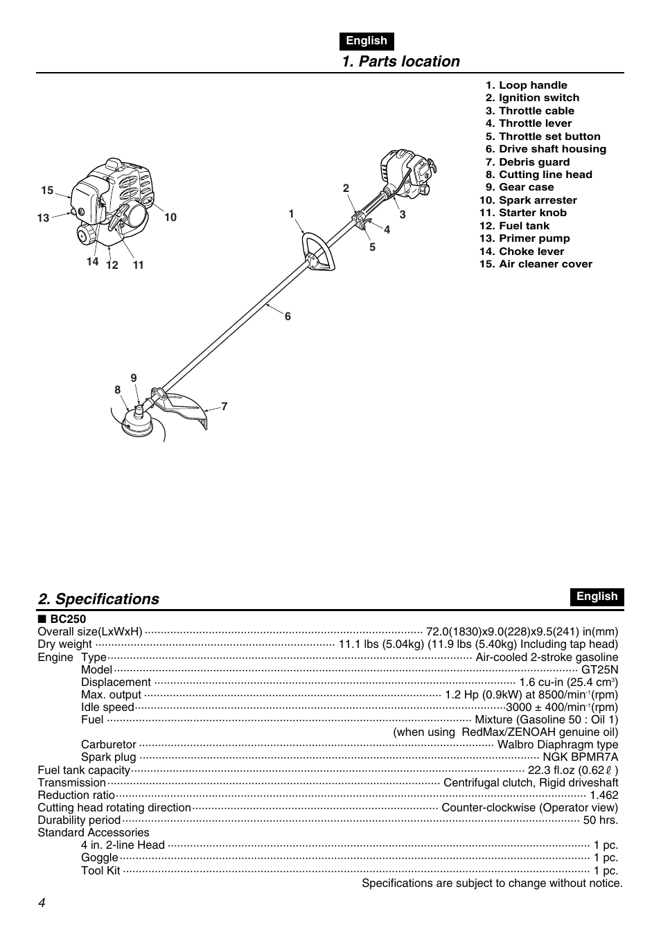 Parts location, Specifications | Zenoah BC250 User Manual | Page 4 / 52