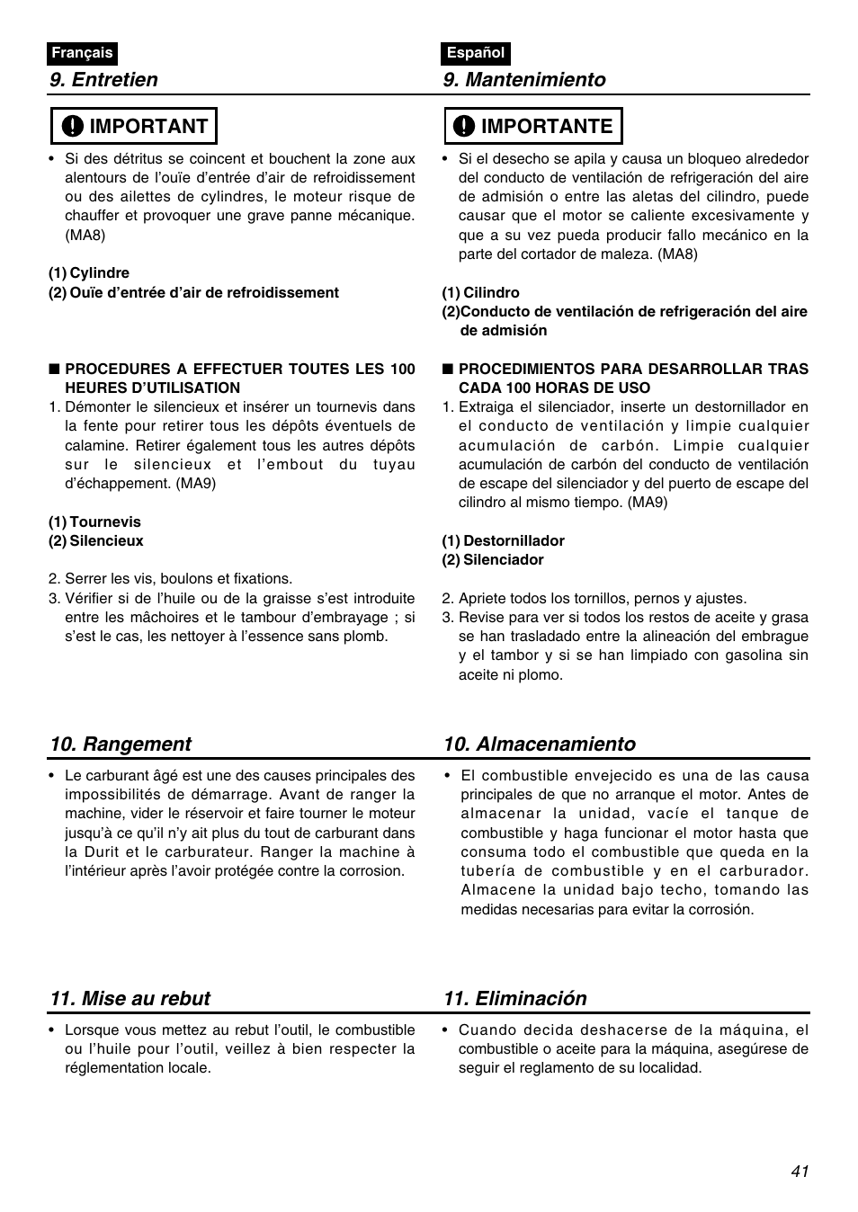 Entretien 9. mantenimiento, Important, Importante 10. almacenamiento | Rangement 11. mise au rebut, Eliminación | Zenoah BC250 User Manual | Page 41 / 52