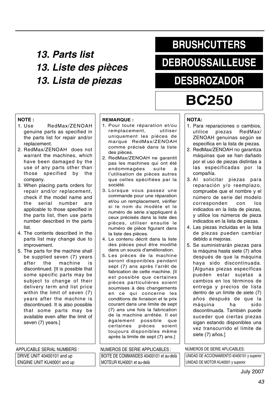 Bc250, Brushcutters debroussailleuse desbrozador | Zenoah BC250 User Manual | Page 43 / 52