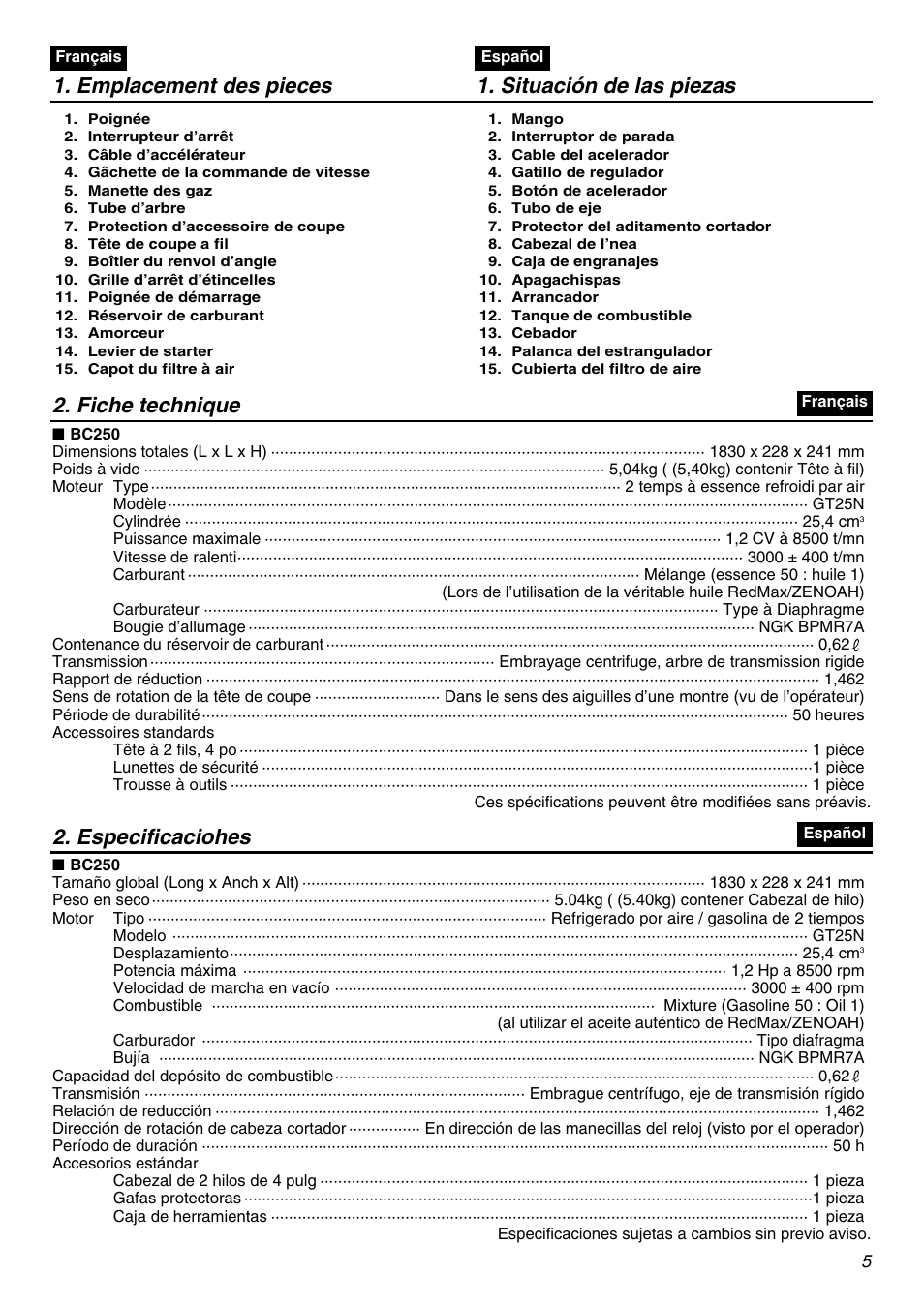 Emplacement des pieces 1. situación de las piezas, Fiche technique, Especificaciohes | Zenoah BC250 User Manual | Page 5 / 52