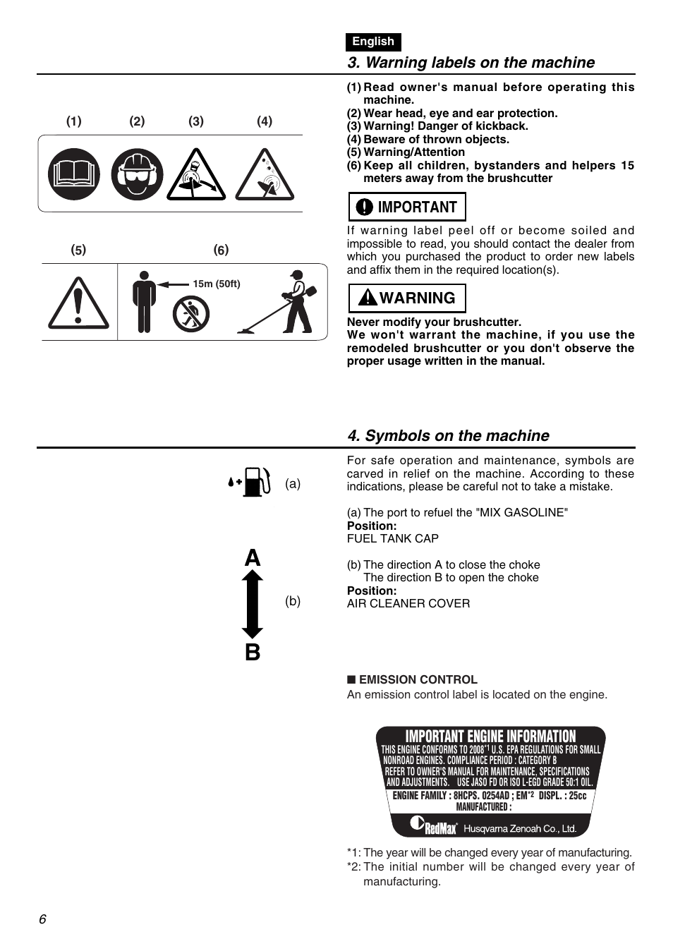 Important engine information, Warning labels on the machine, Warning important 4. symbols on the machine | Zenoah BC250 User Manual | Page 6 / 52