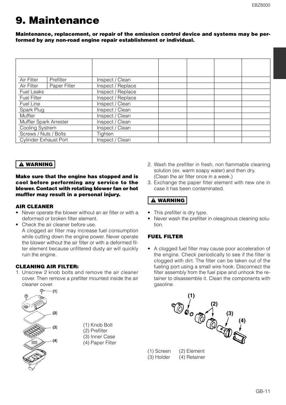 Maintenance | Zenoah EBZ8000 User Manual | Page 11 / 14