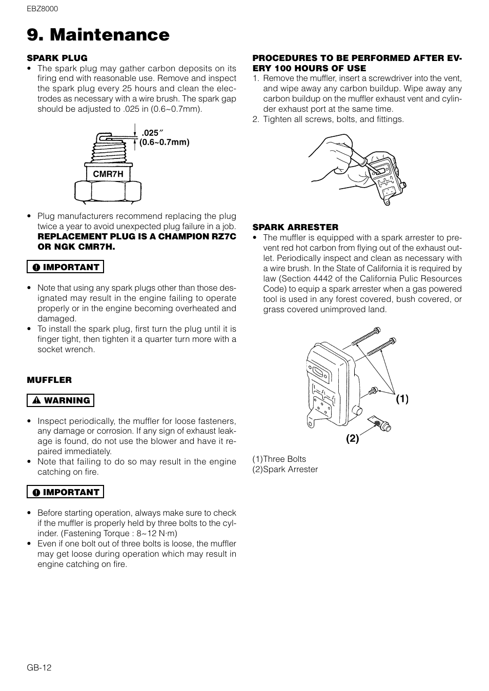 Maintenance | Zenoah EBZ8000 User Manual | Page 12 / 14