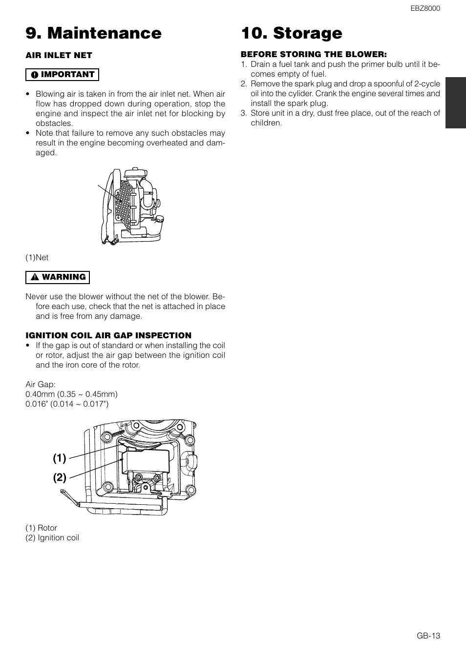 Maintenance, Storage | Zenoah EBZ8000 User Manual | Page 13 / 14