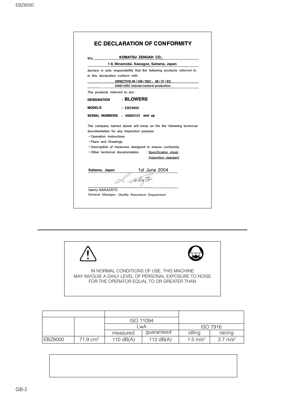 Explanation of symbols and safety warnings warning, 85 db(a) | Zenoah EBZ8000 User Manual | Page 2 / 14