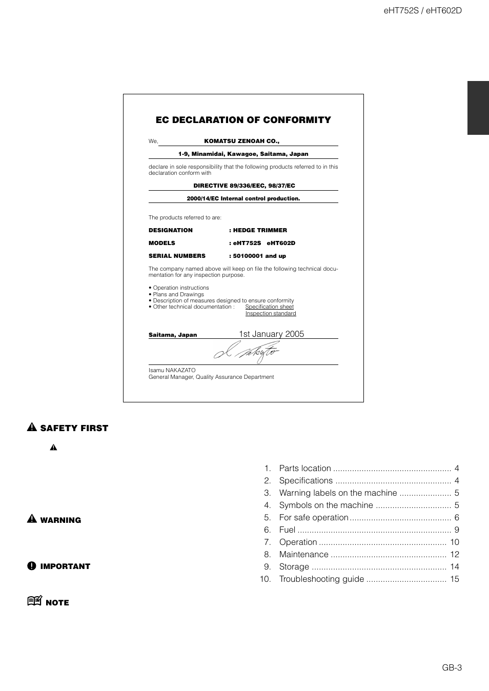 Zenoah EHT752S User Manual | Page 3 / 15