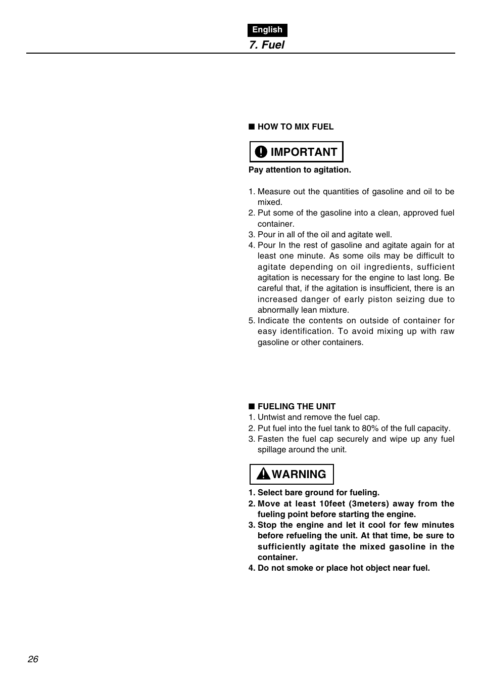 Fuel, Warning important | Zenoah EBZ8001RH-CA User Manual | Page 26 / 60