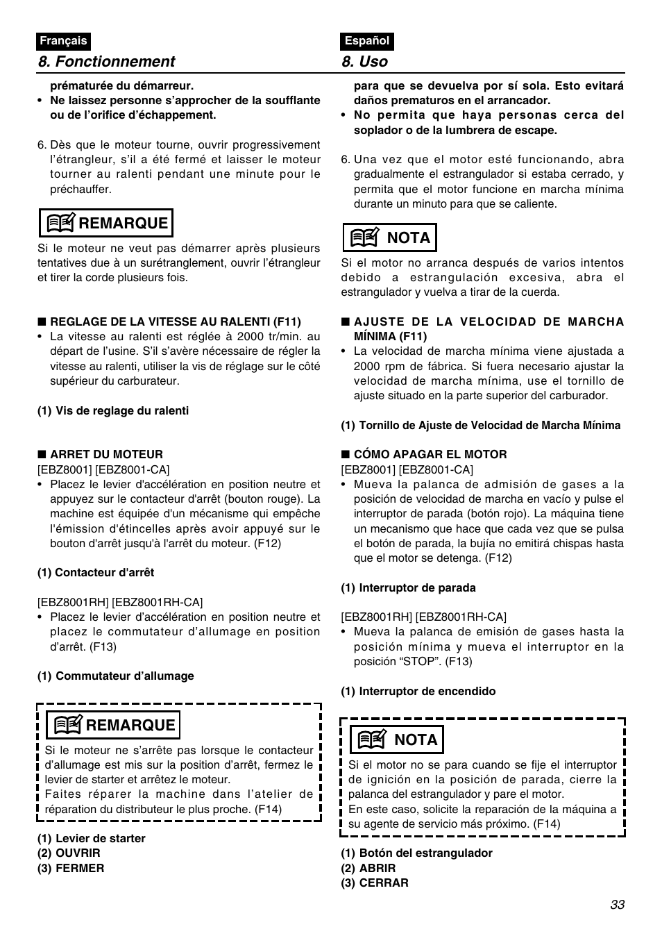 Fonctionnement 8. uso, Remarque, Nota | Zenoah EBZ8001RH-CA User Manual | Page 33 / 60