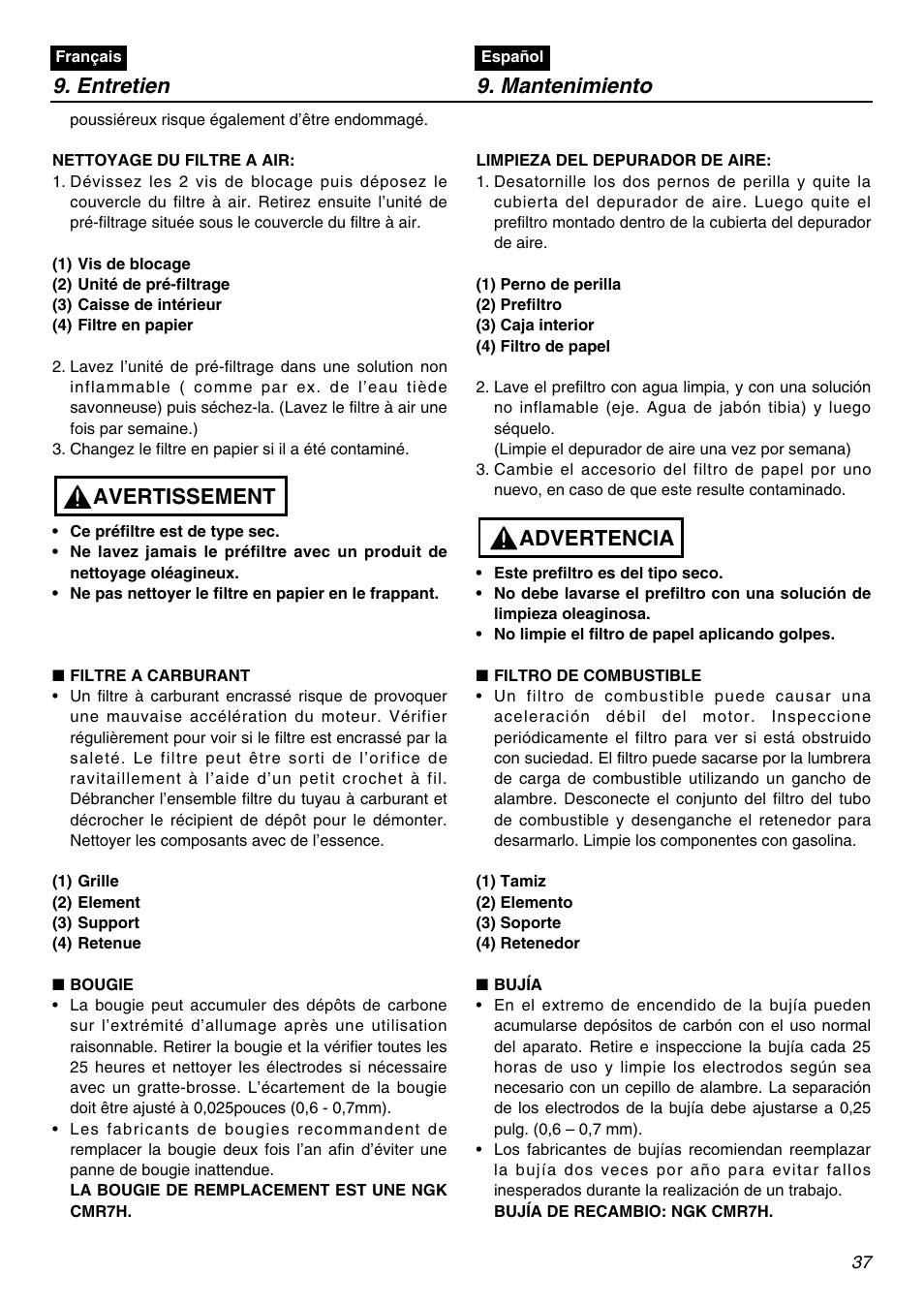 Entretien 9. mantenimiento, Avertissement, Advertencia | Zenoah EBZ8001RH-CA User Manual | Page 37 / 60