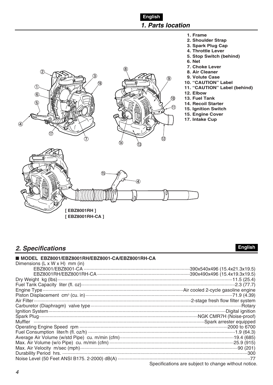 Parts location, Specifications | Zenoah EBZ8001RH-CA User Manual | Page 4 / 60