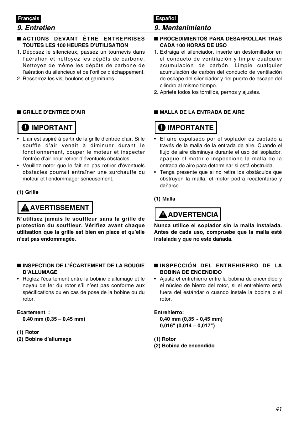 Entretien 9. mantenimiento, Avertissement important, Advertencia importante | Zenoah EBZ8001RH-CA User Manual | Page 41 / 60
