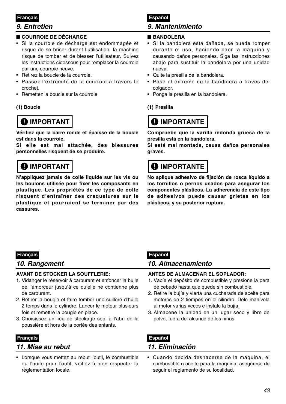 Entretien 9. mantenimiento, Important, Importante | Rangement 10. almacenamiento, Mise au rebut, Eliminación | Zenoah EBZ8001RH-CA User Manual | Page 43 / 60