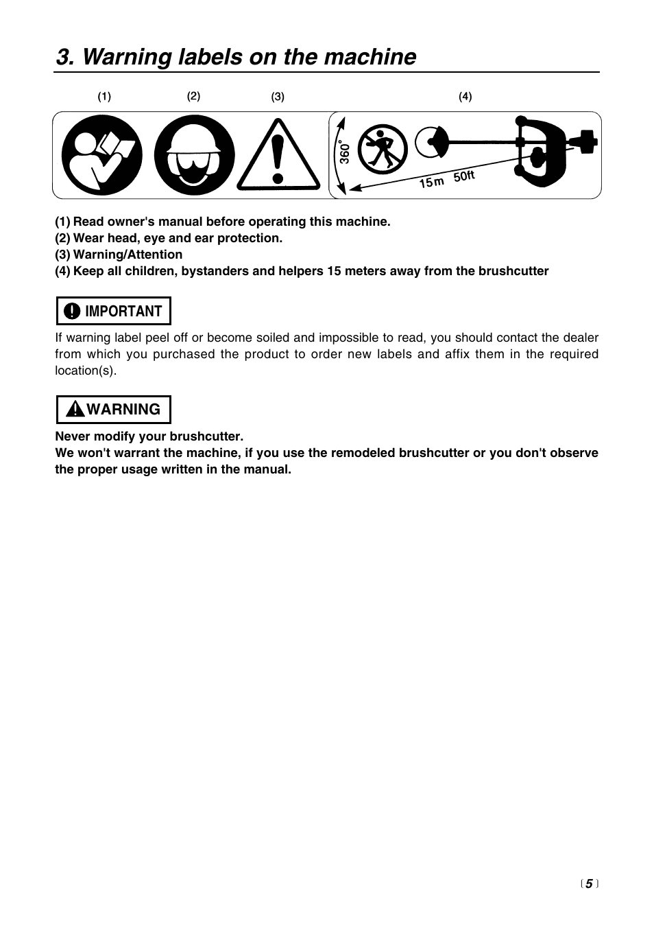 Warning labels on the machine | Zenoah BCZ3000 User Manual | Page 5 / 40