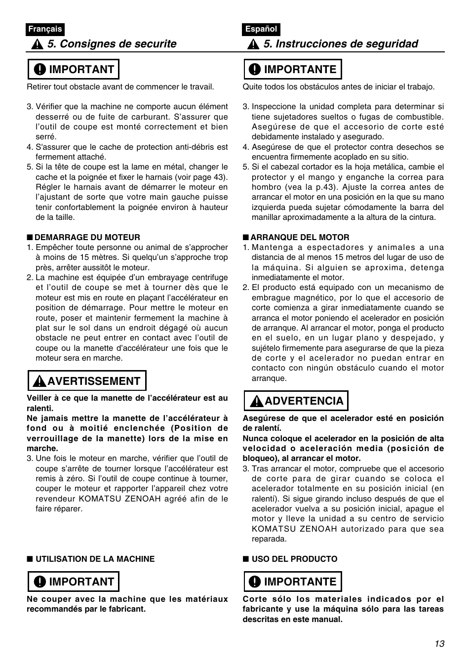 Important avertissement important | Zenoah BCZ2600SW User Manual | Page 13 / 60