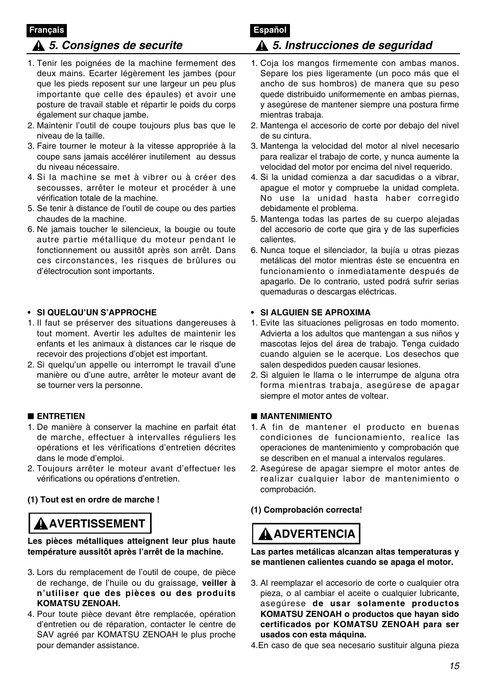 Avertissement | Zenoah BCZ2600SW User Manual | Page 15 / 60