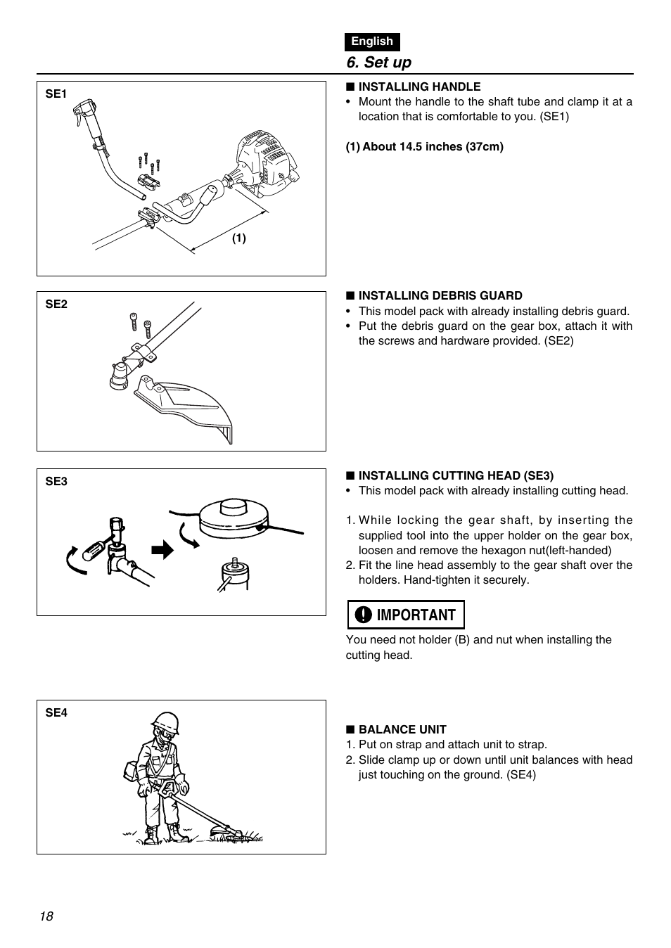 Set up, Important | Zenoah BCZ2600SW User Manual | Page 18 / 60