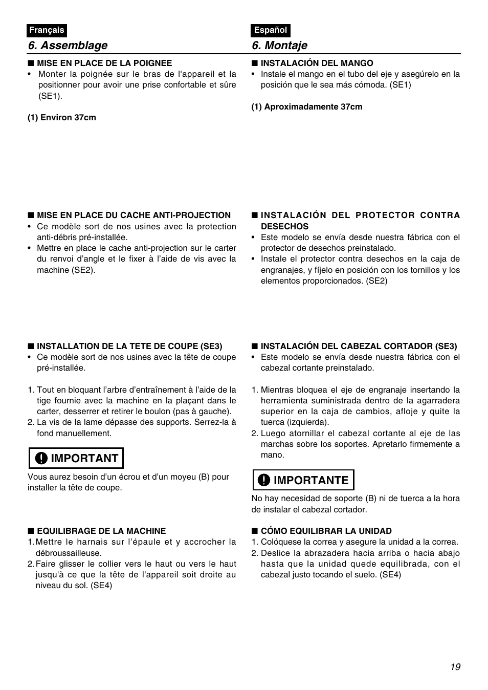 Assemblage 6. montaje, Important, Importante | Zenoah BCZ2600SW User Manual | Page 19 / 60