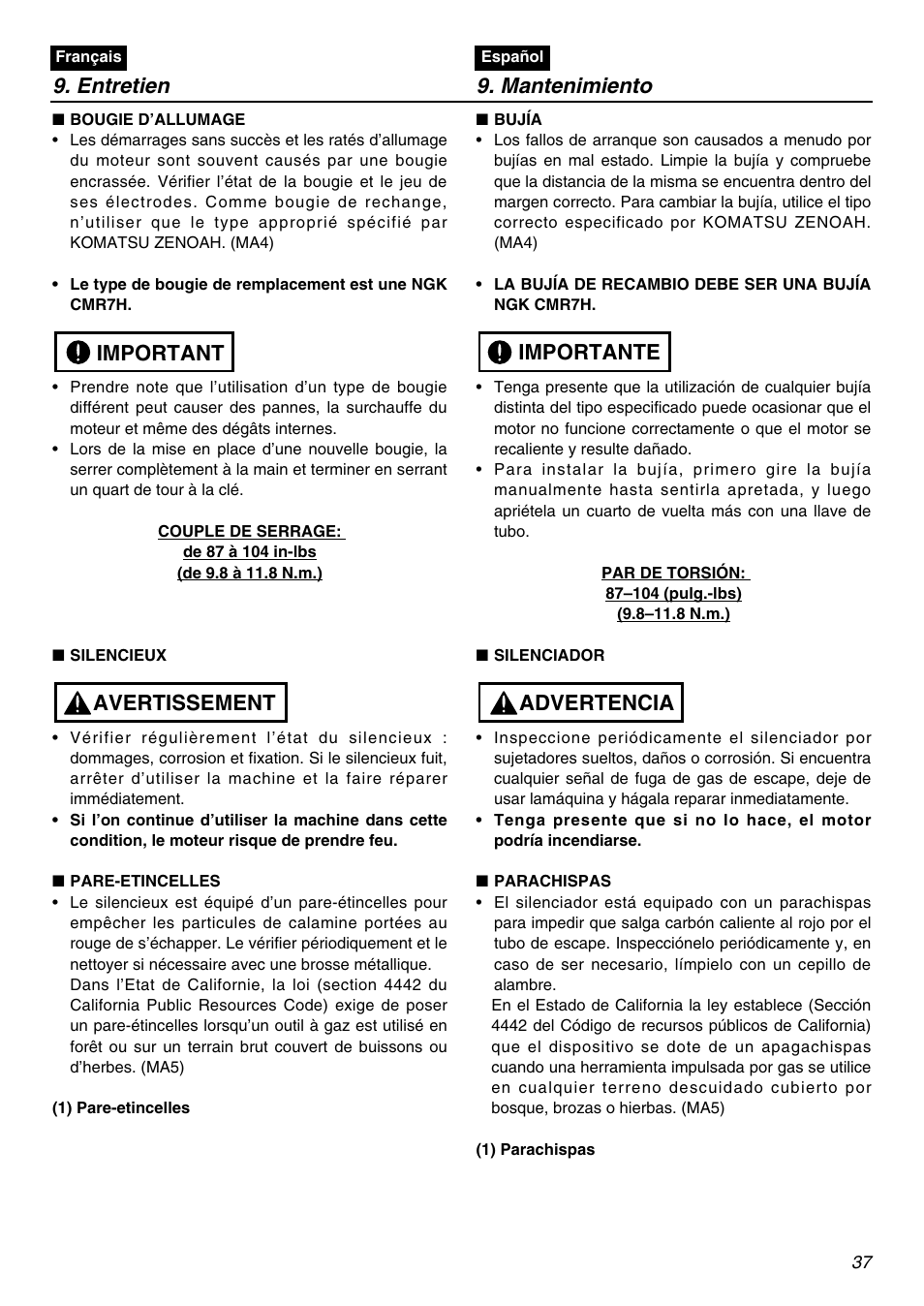 Entretien 9. mantenimiento, Avertissement important, Advertencia importante | Zenoah BCZ2600SW User Manual | Page 37 / 60