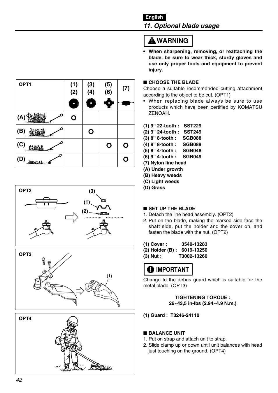 Warning, Important, Optional blade usage | Zenoah BCZ2600SW User Manual | Page 42 / 60