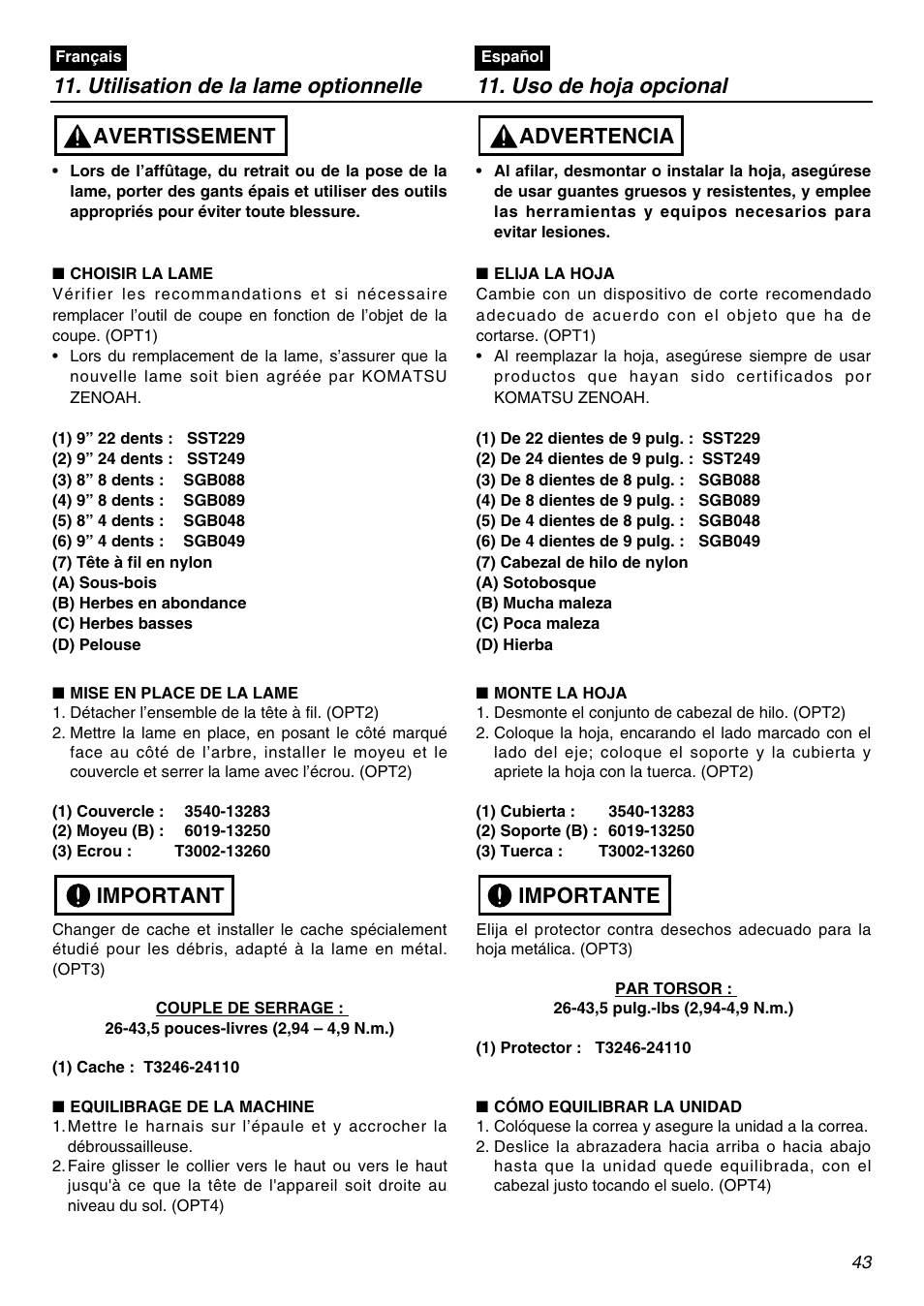 Avertissement, Advertencia, Important | Zenoah BCZ2600SW User Manual | Page 43 / 60