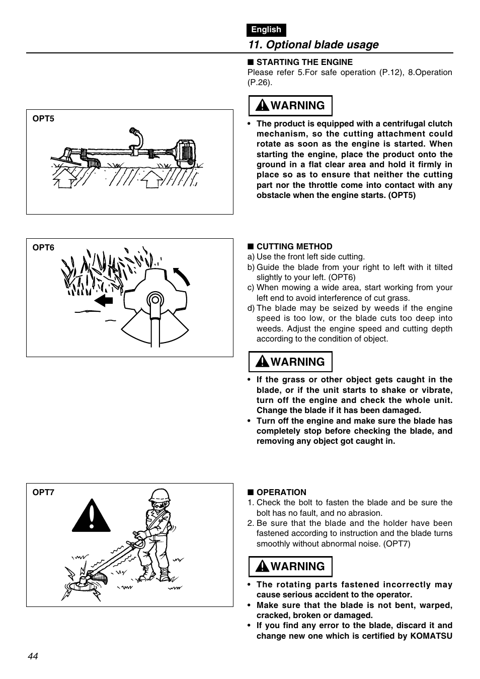 Optional blade usage, Warning | Zenoah BCZ2600SW User Manual | Page 44 / 60
