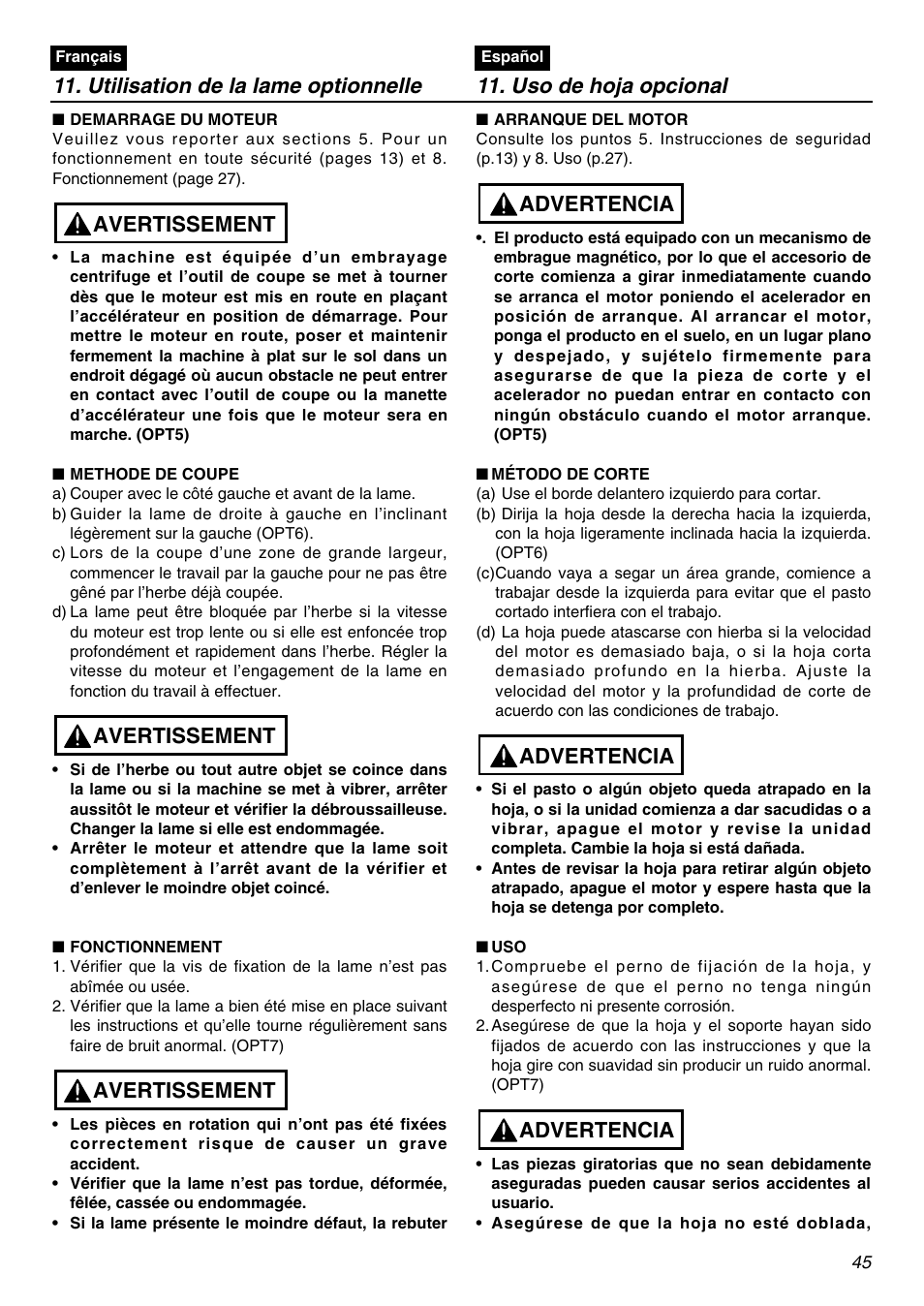 Avertissement, Advertencia | Zenoah BCZ2600SW User Manual | Page 45 / 60