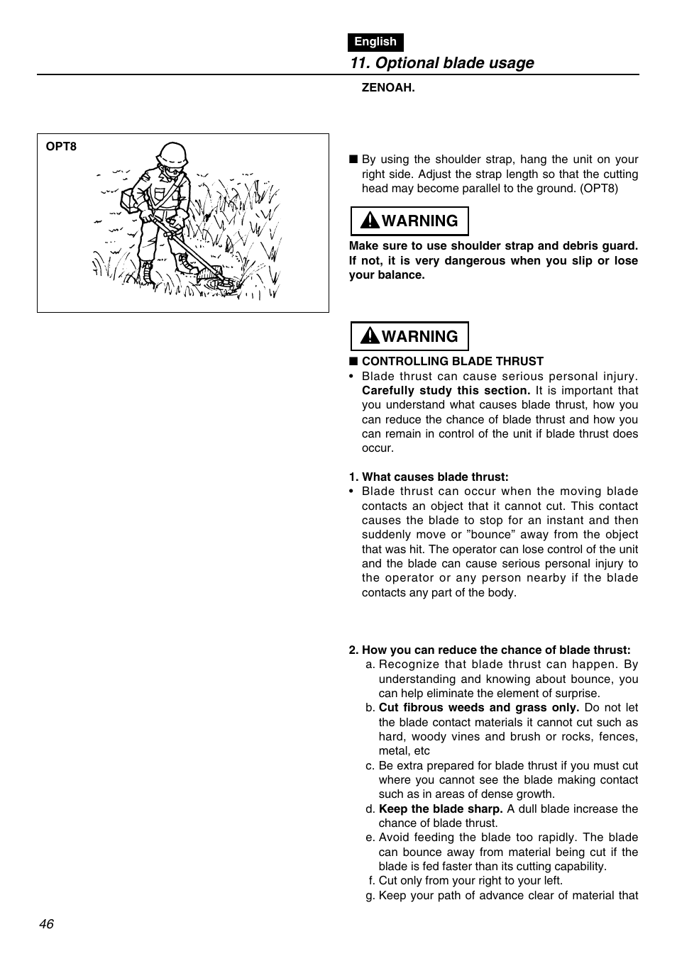 Optional blade usage, Warning | Zenoah BCZ2600SW User Manual | Page 46 / 60