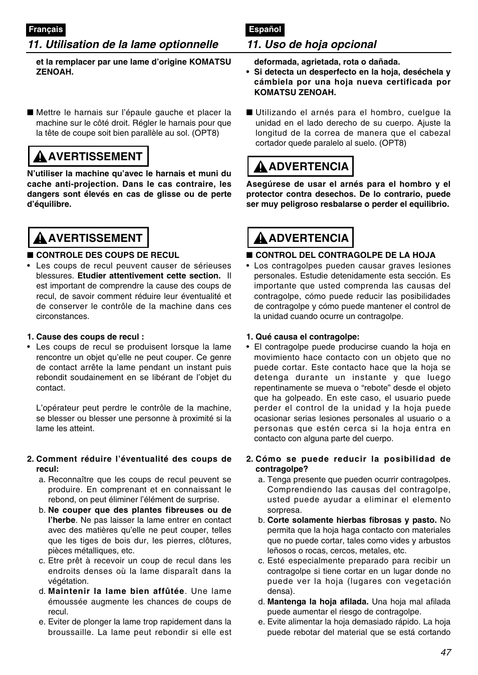 Avertissement, Advertencia | Zenoah BCZ2600SW User Manual | Page 47 / 60
