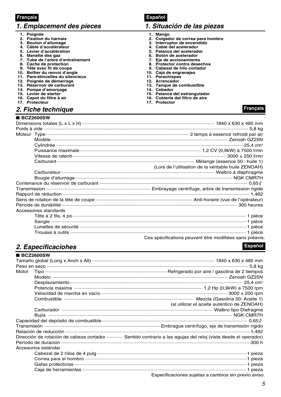 Emplacement des pieces 1. situación de las piezas, Fiche technique, Especificaciohes | Zenoah BCZ2600SW User Manual | Page 5 / 60