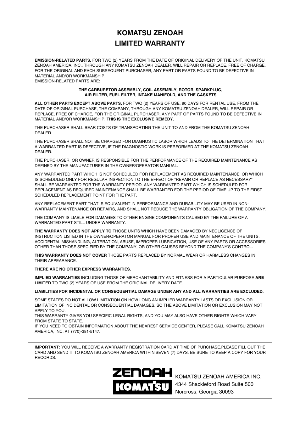 Komatsu zenoah limited warranty | Zenoah BCZ2600SW User Manual | Page 56 / 60