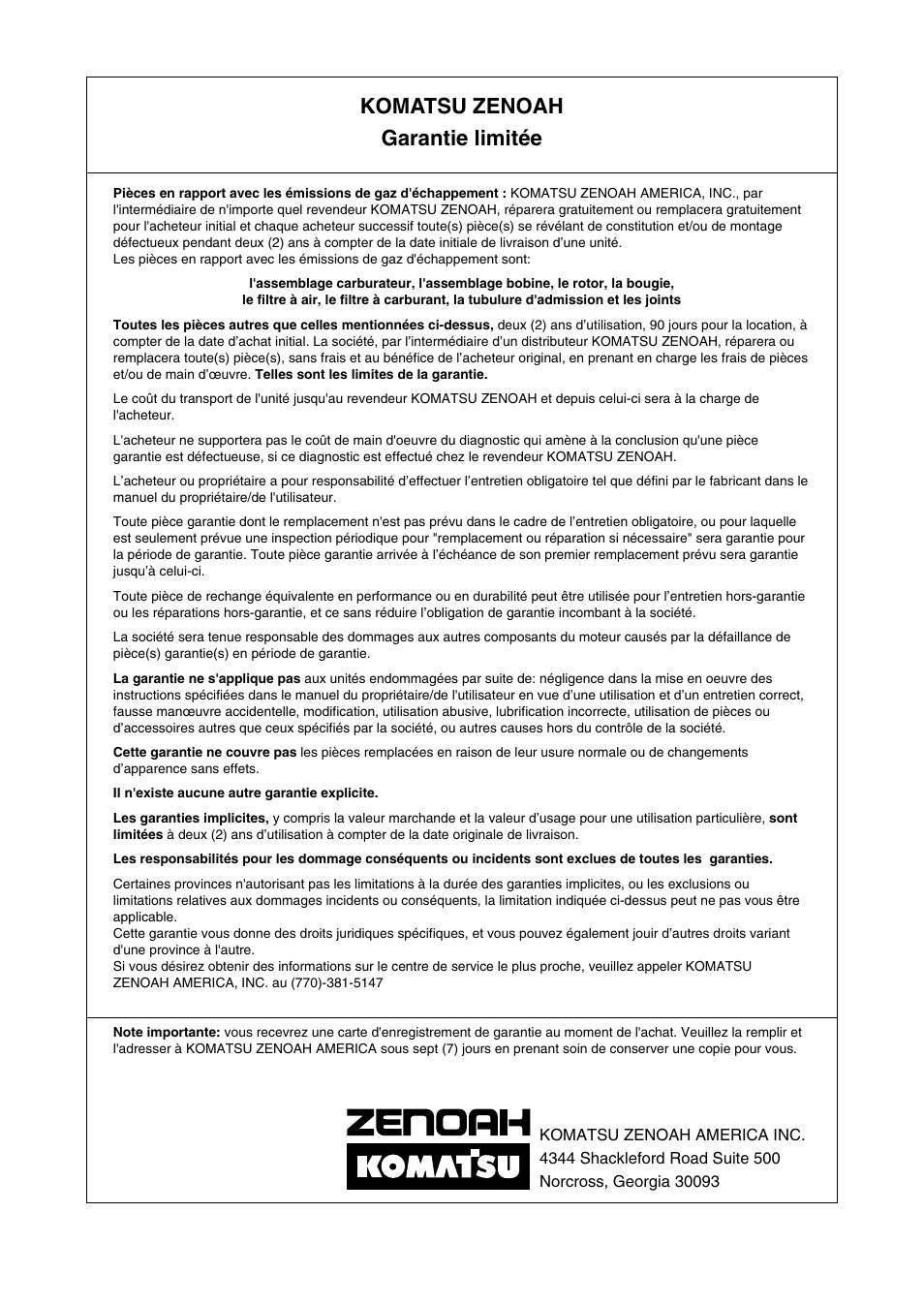 Komatsu zenoah garantie limitée | Zenoah BCZ2600SW User Manual | Page 57 / 60