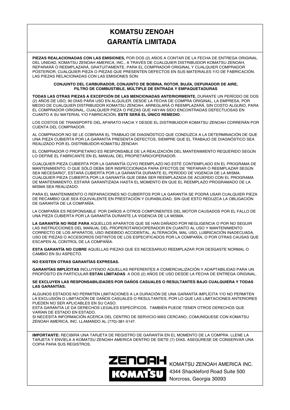 Komatsu zenoah garantía limitada | Zenoah BCZ2600SW User Manual | Page 58 / 60