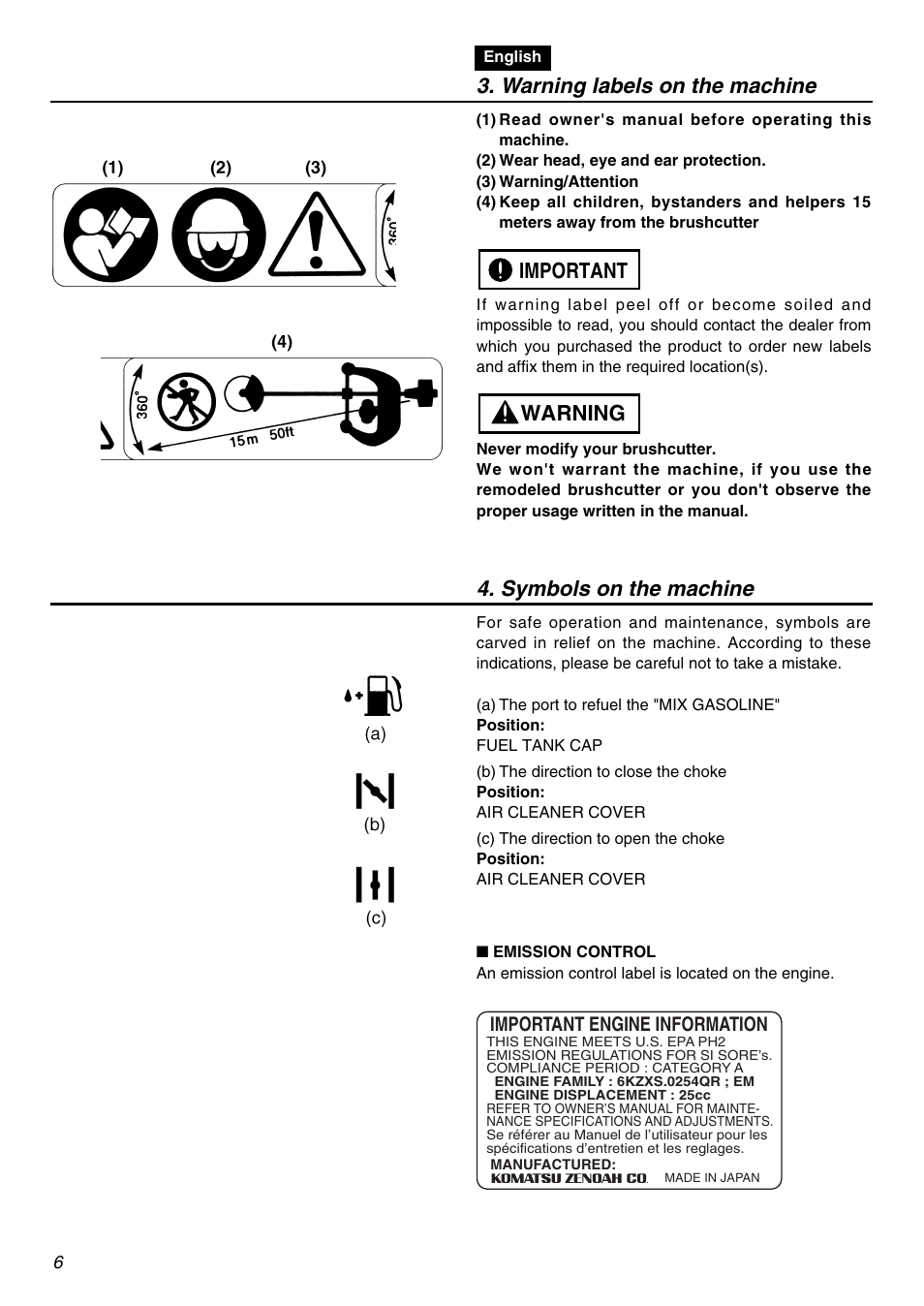 Warning labels on the machine, Warning important 4. symbols on the machine | Zenoah BCZ2600SW User Manual | Page 6 / 60
