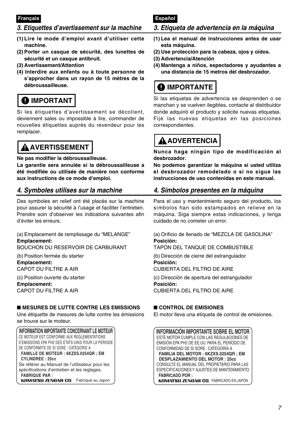 Avertissement important | Zenoah BCZ2600SW User Manual | Page 7 / 60