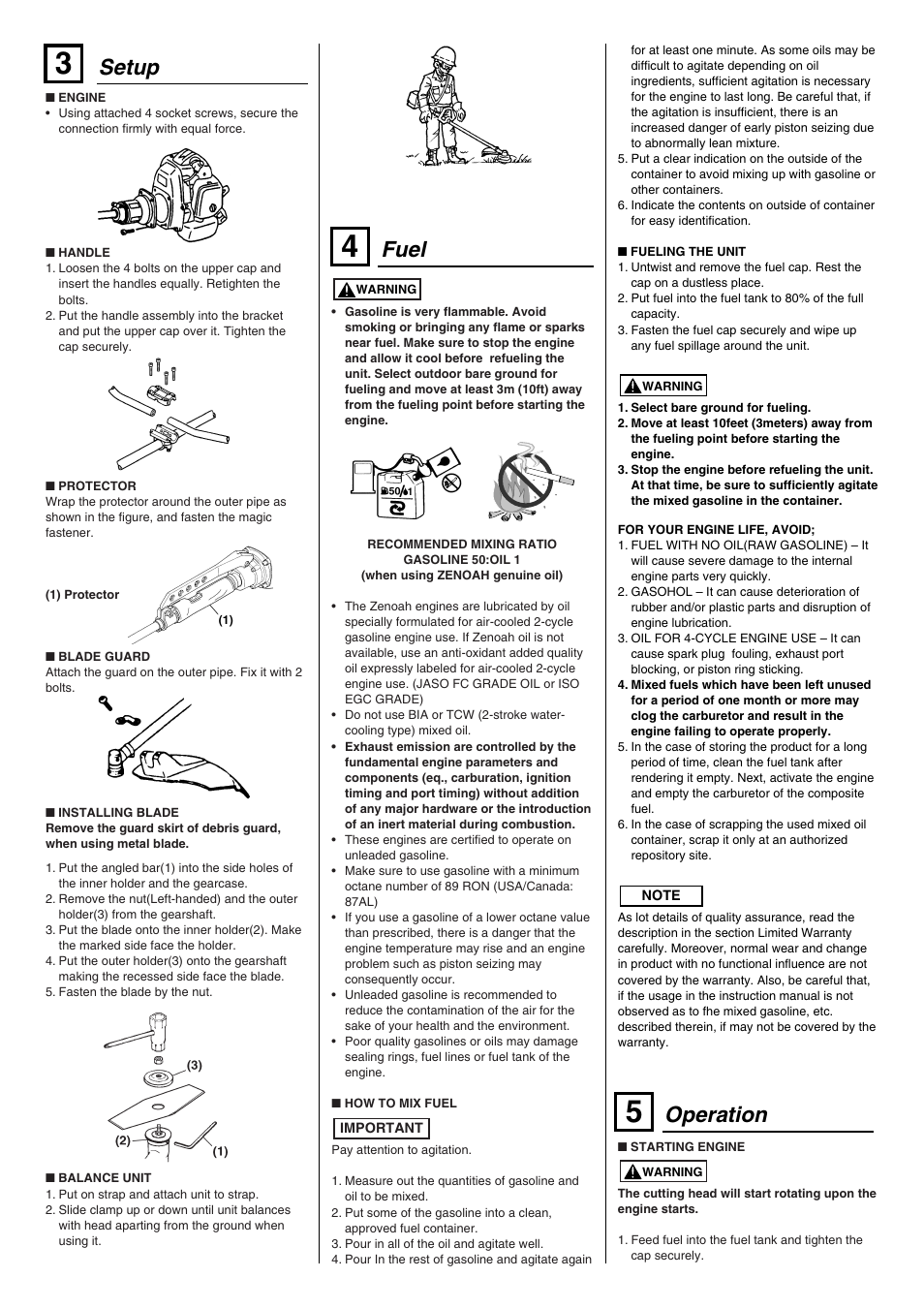 Operation, Fuel, Setup | Zenoah BC4350FW User Manual | Page 2 / 4