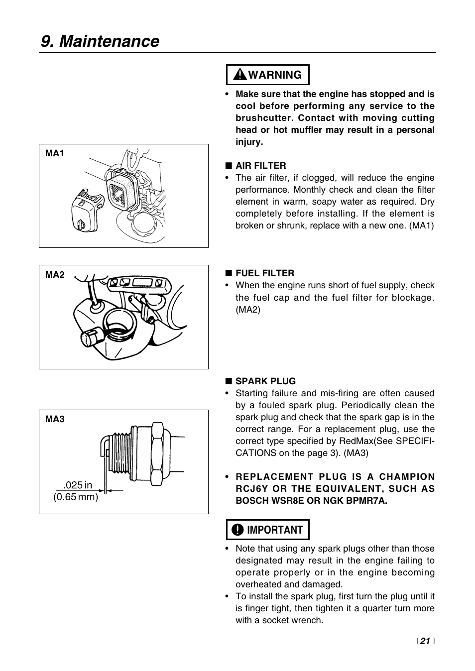 Maintenance | Zenoah BT225 User Manual | Page 21 / 32
