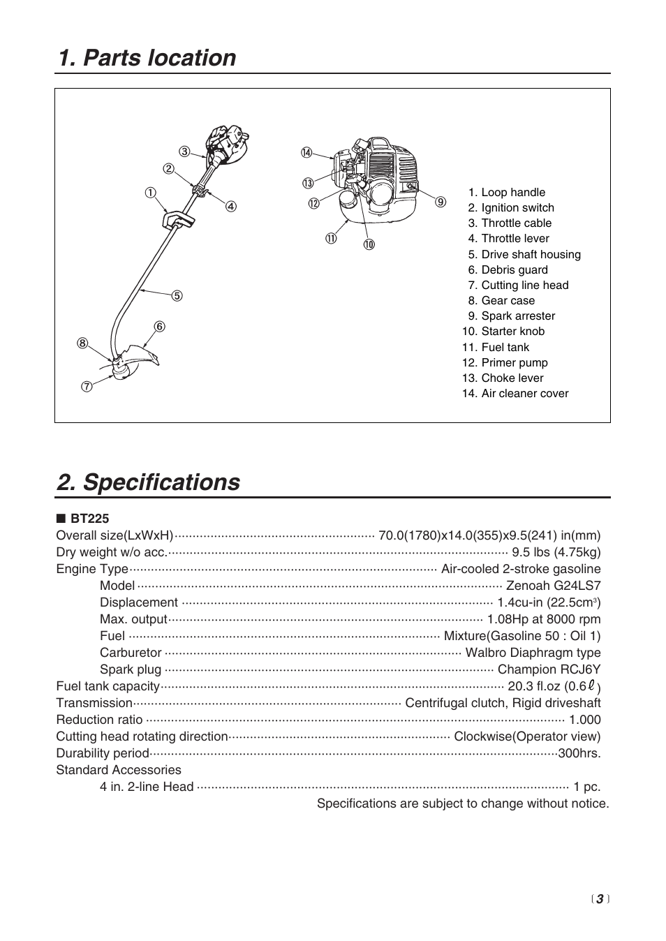 Specifications, Parts location | Zenoah BT225 User Manual | Page 3 / 32