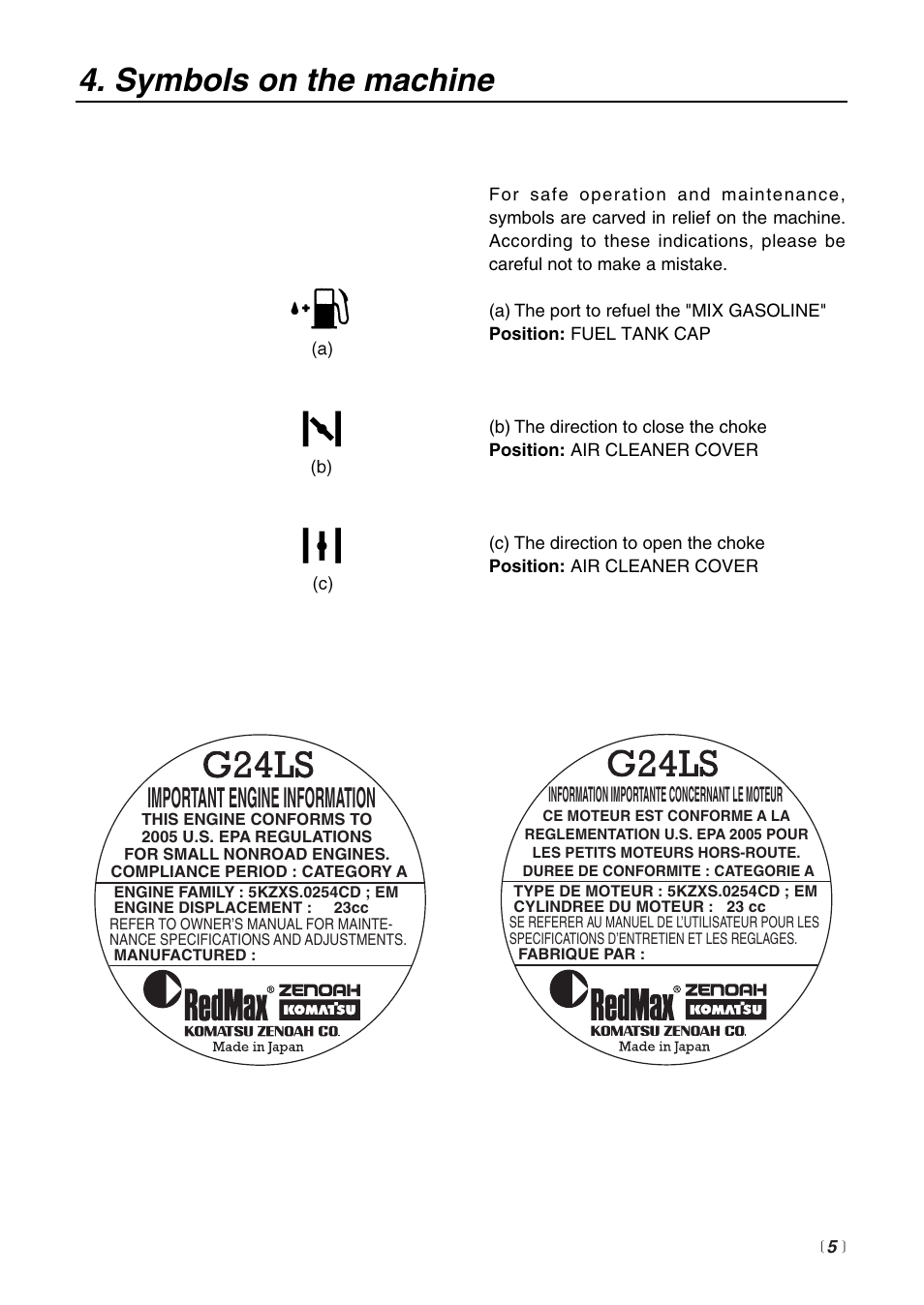 Symbols on the machine, Important engine information | Zenoah BT225 User Manual | Page 5 / 32