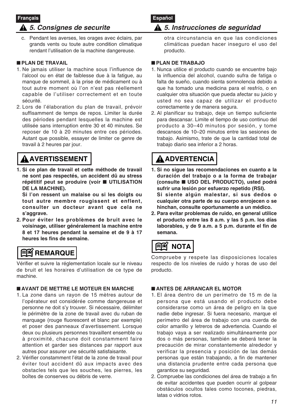 Remarque avertissement | Zenoah TR2301S User Manual | Page 11 / 64