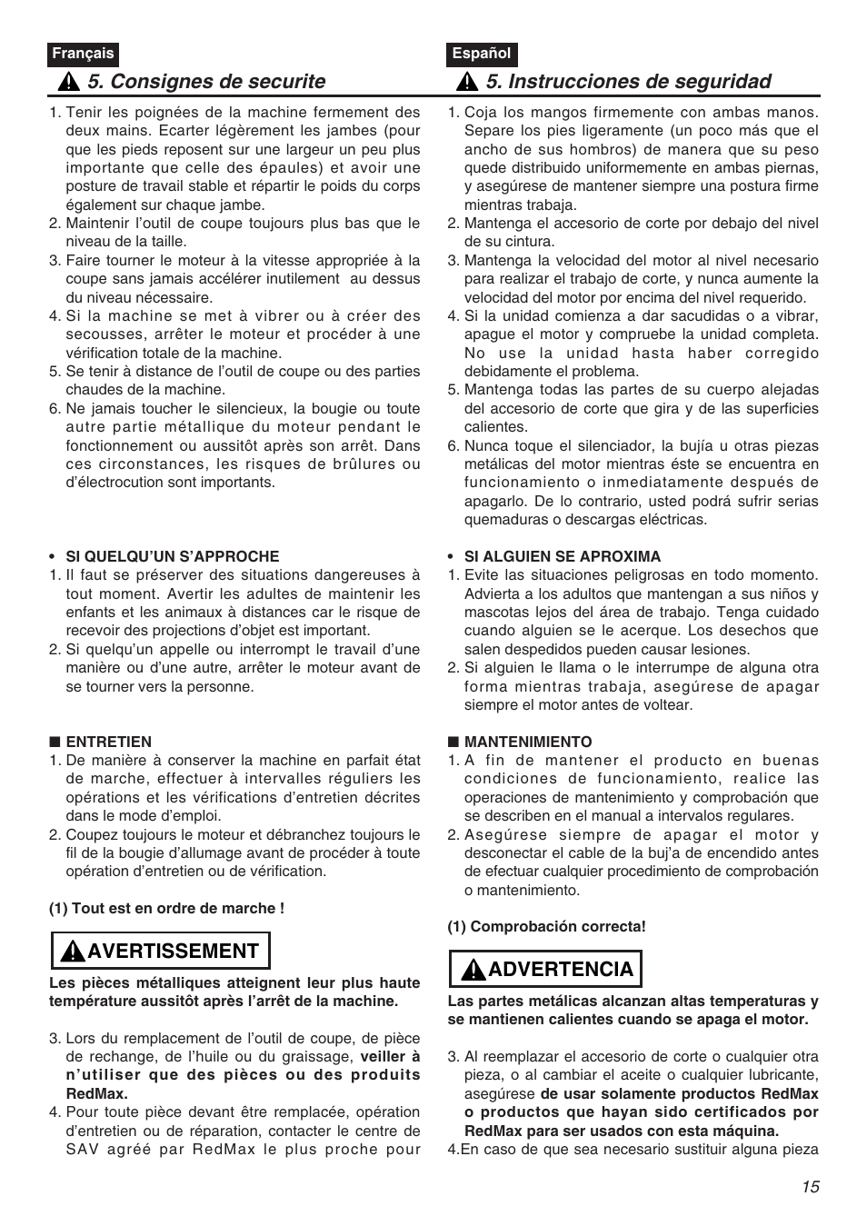 Avertissement | Zenoah TR2301S User Manual | Page 15 / 64