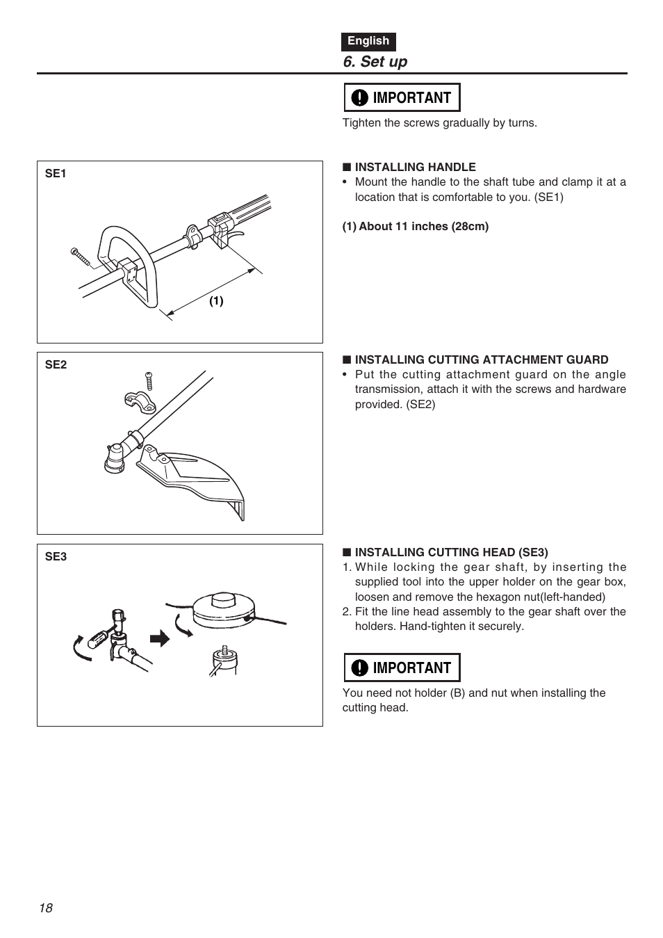 Set up, Important | Zenoah TR2301S User Manual | Page 18 / 64