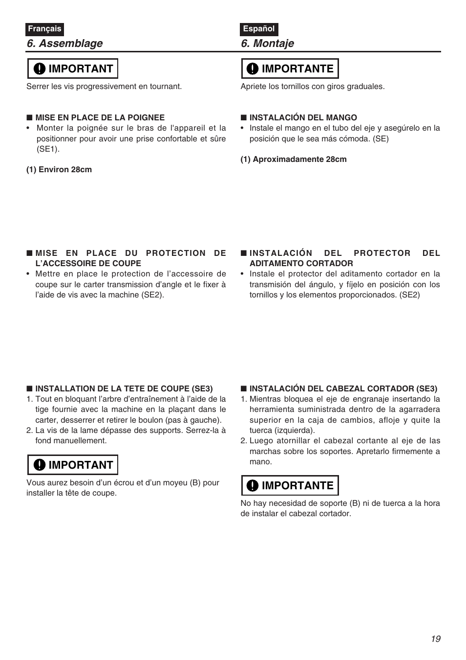 Assemblage 6. montaje, Important, Importante | Zenoah TR2301S User Manual | Page 19 / 64