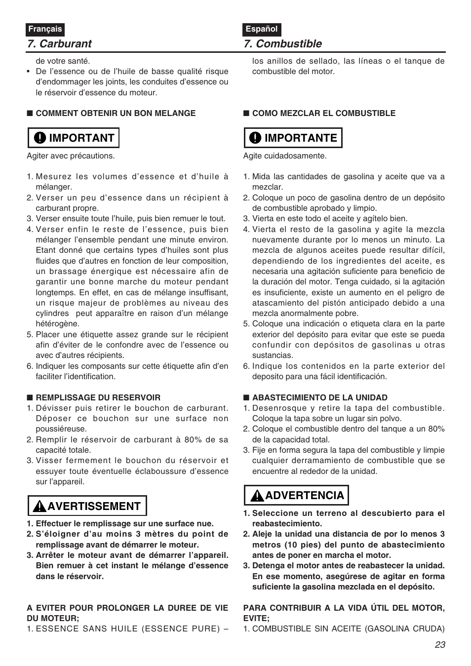 Avertissement important, Advertencia importante 7. carburant 7. combustible | Zenoah TR2301S User Manual | Page 23 / 64