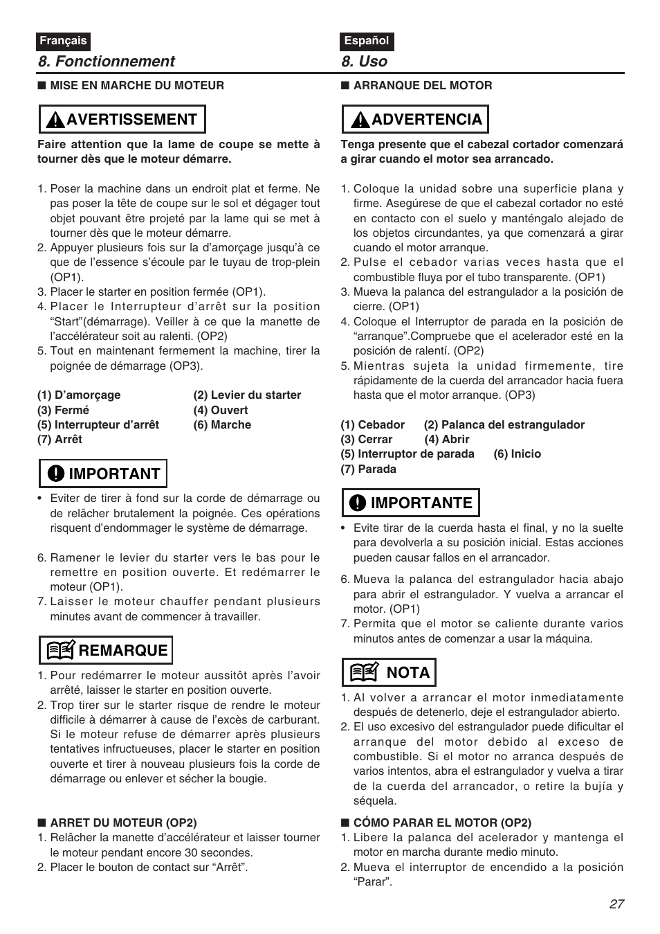 Fonctionnement 8. uso, Remarque important avertissement, Nota importante advertencia | Zenoah TR2301S User Manual | Page 27 / 64