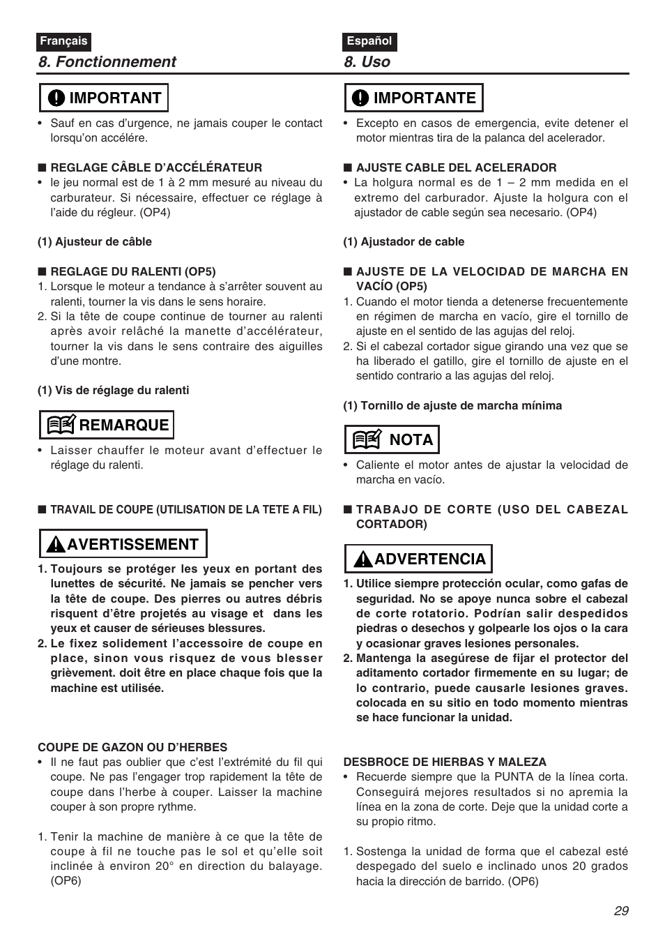 Fonctionnement 8. uso, Avertissement remarque important, Advertencia nota importante | Zenoah TR2301S User Manual | Page 29 / 64